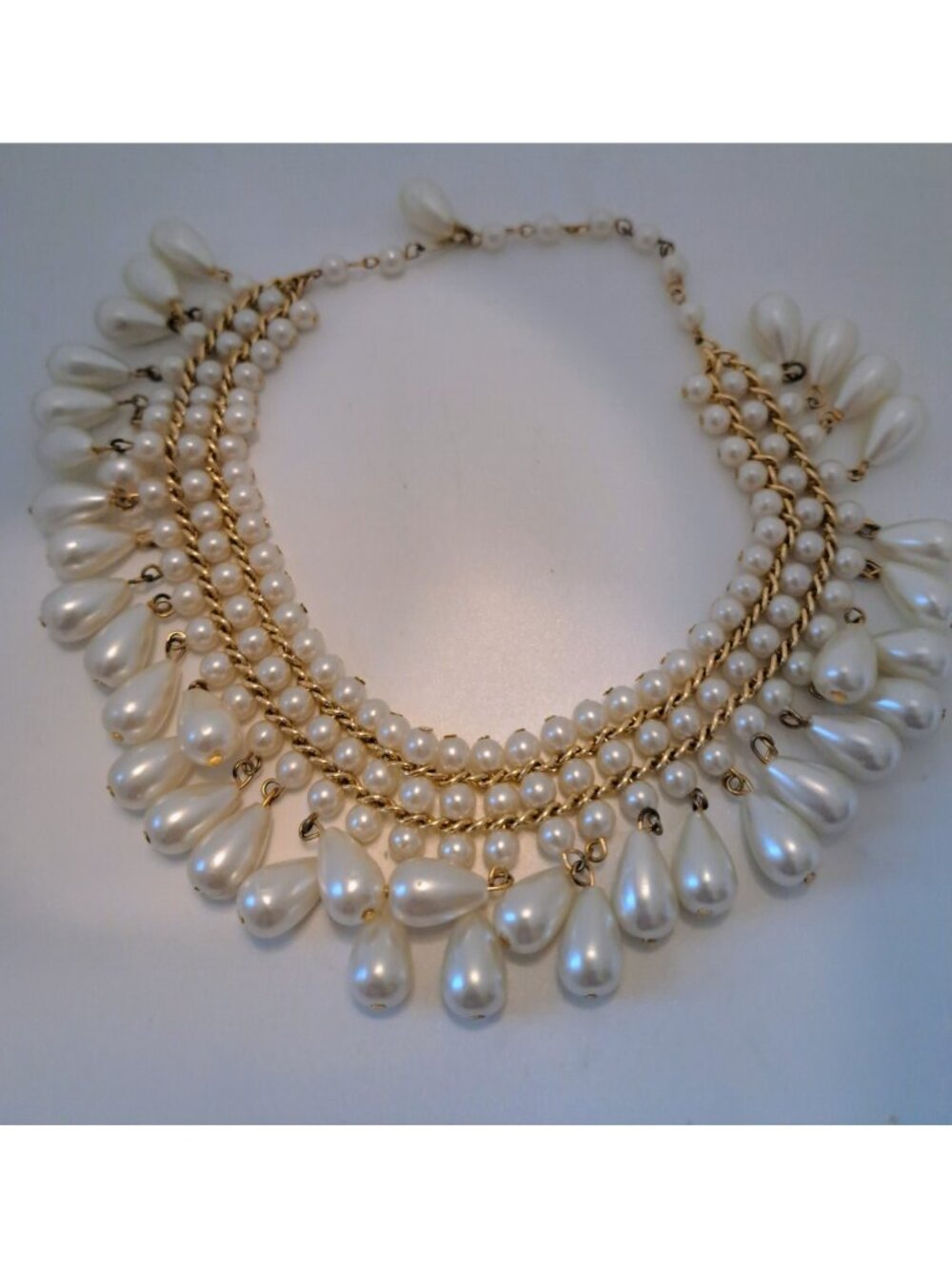 Vintage Ladies Goldtone White Faux Pearl  Chandelier Cascade Necklace Choker